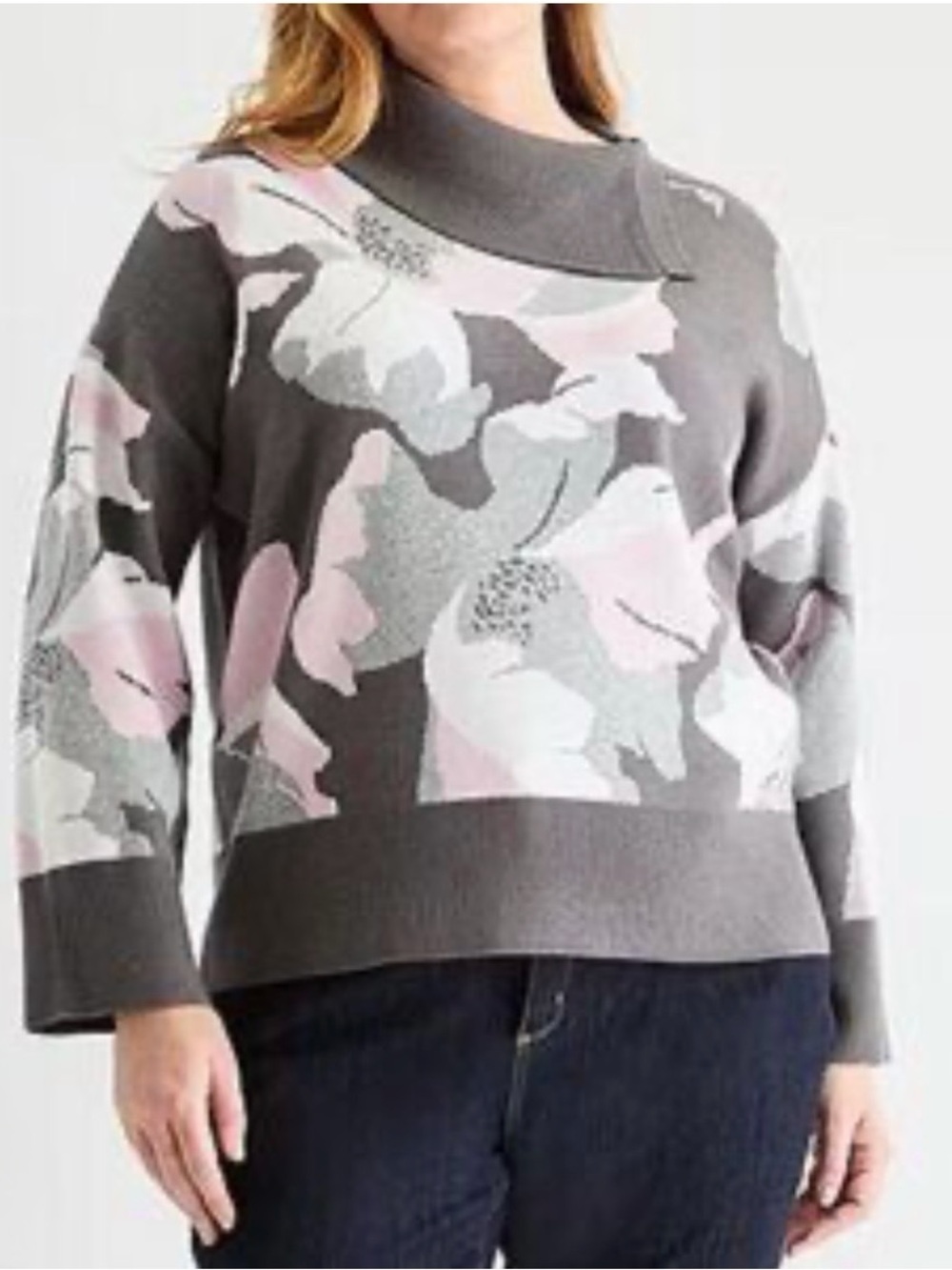 Liz Claiborne Gray Floral Knit Turtleneck Sweater with Pink Accents